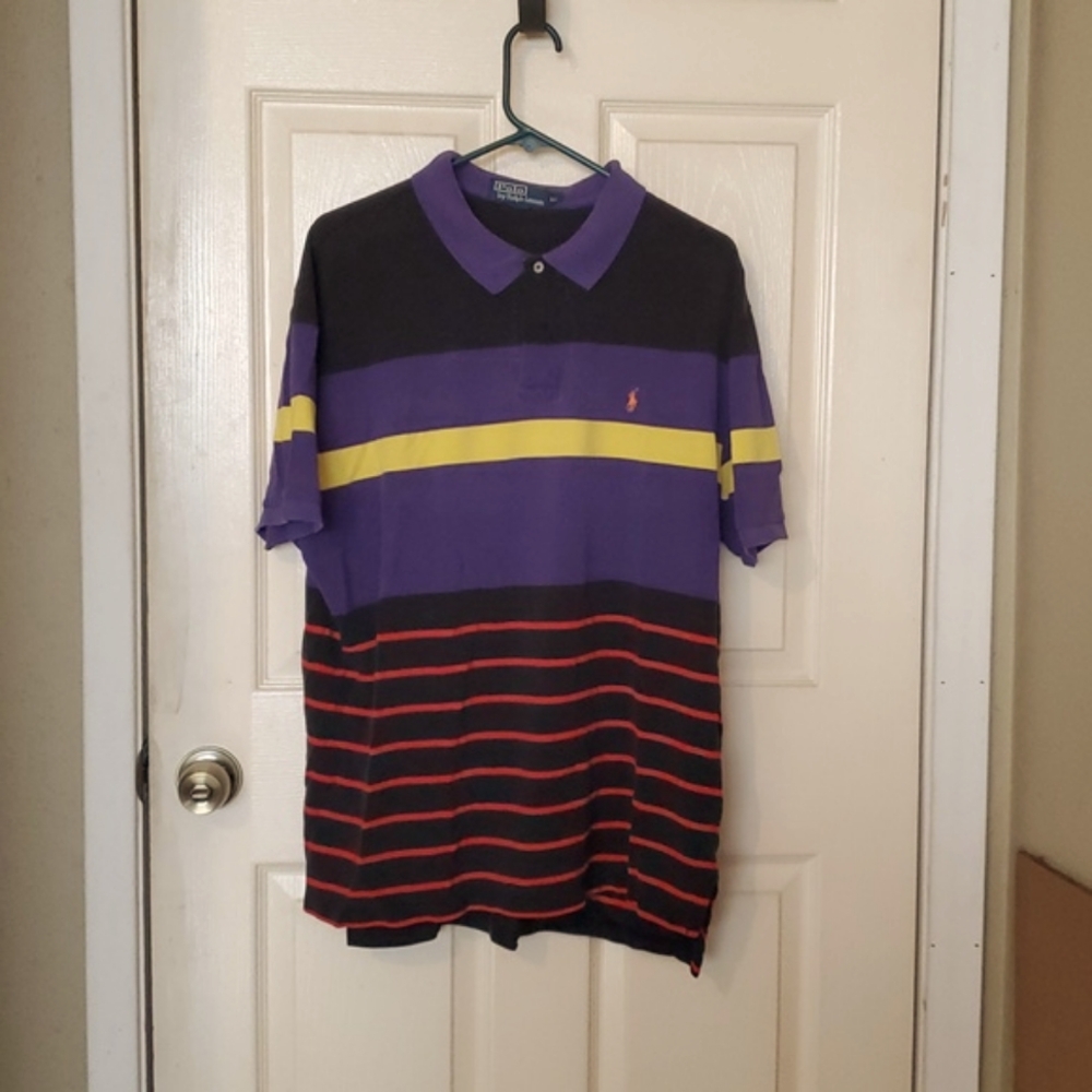 Ralph Lauren Multi-Colored Striped Purple Short-Sleeve Cotton Polo Shirt 2X